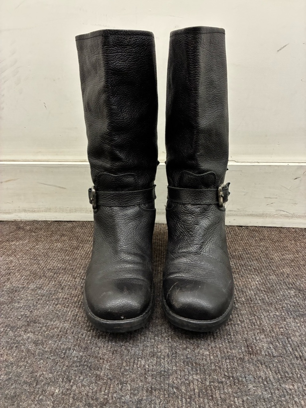 Max & Co Italian Pebbled Black Leather Women's Mid-Calf Moto Boots size 41